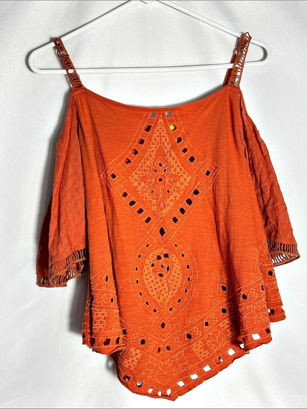Free People Dahila Embroidered Cold Shoulder Blouse in Burnt Orange Medium